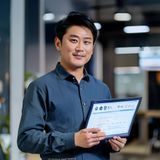 小蓝视频内容生态负责人赵明阳，男性，休闲装，手持平板展示创作者数据看板