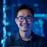 小蓝视频技术架构师林晓宇，眼镜男性，自信微笑，背景为代码屏幕蓝光环境