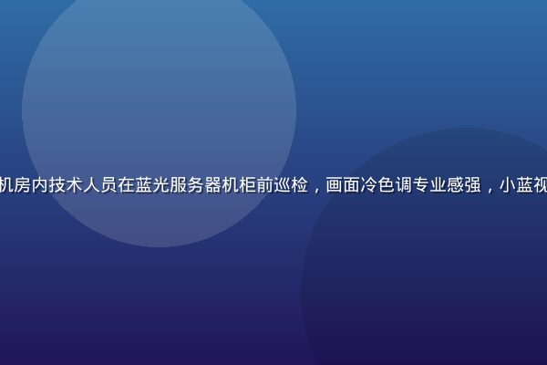 现代化数据中心机房内技术人员在蓝光服务器机柜前巡检，画面冷色调专业感强，小蓝视频技术基础设施